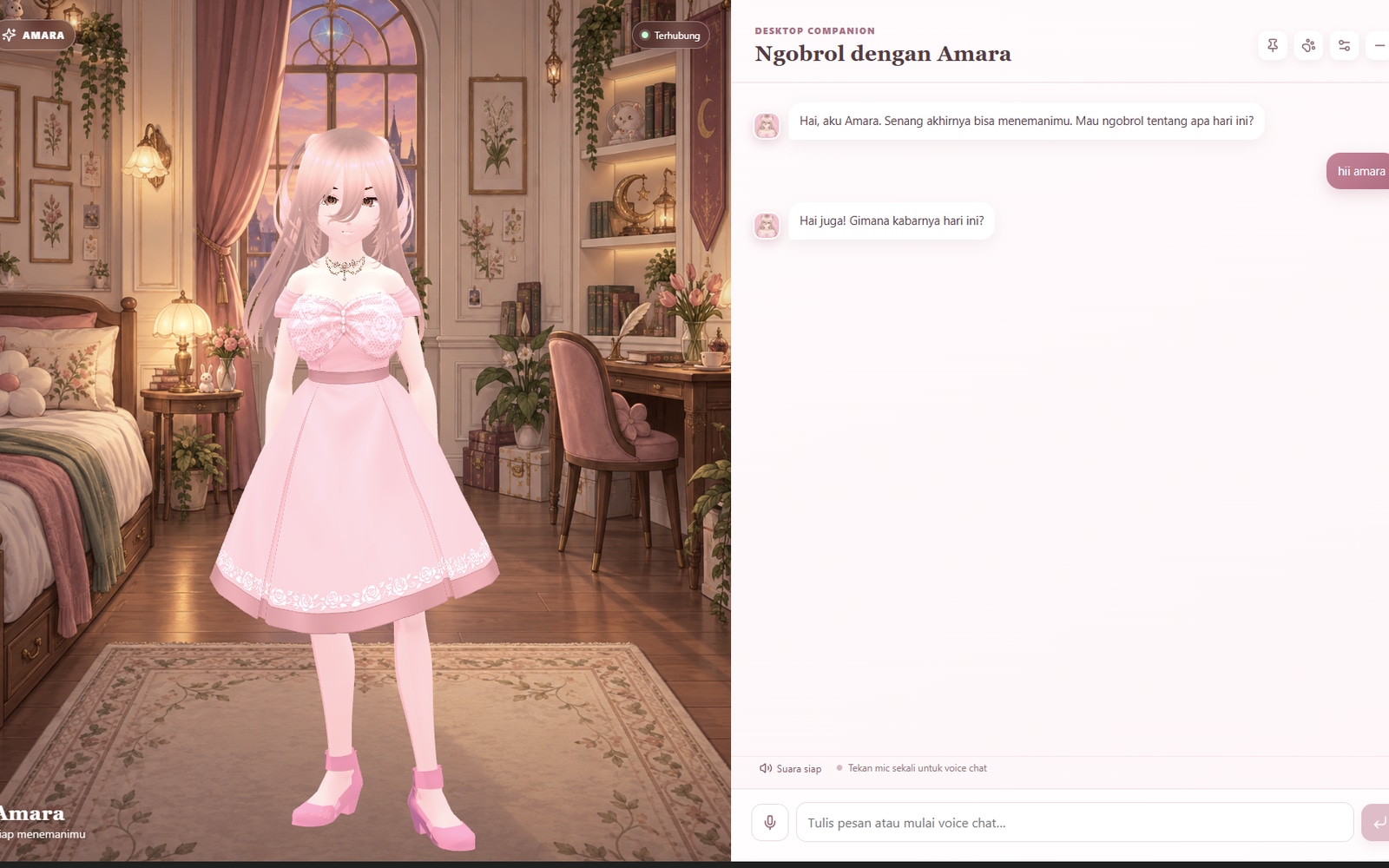 Aplikasi Amara AI Assistant menampilkan avatar 3D dan panel percakapan.