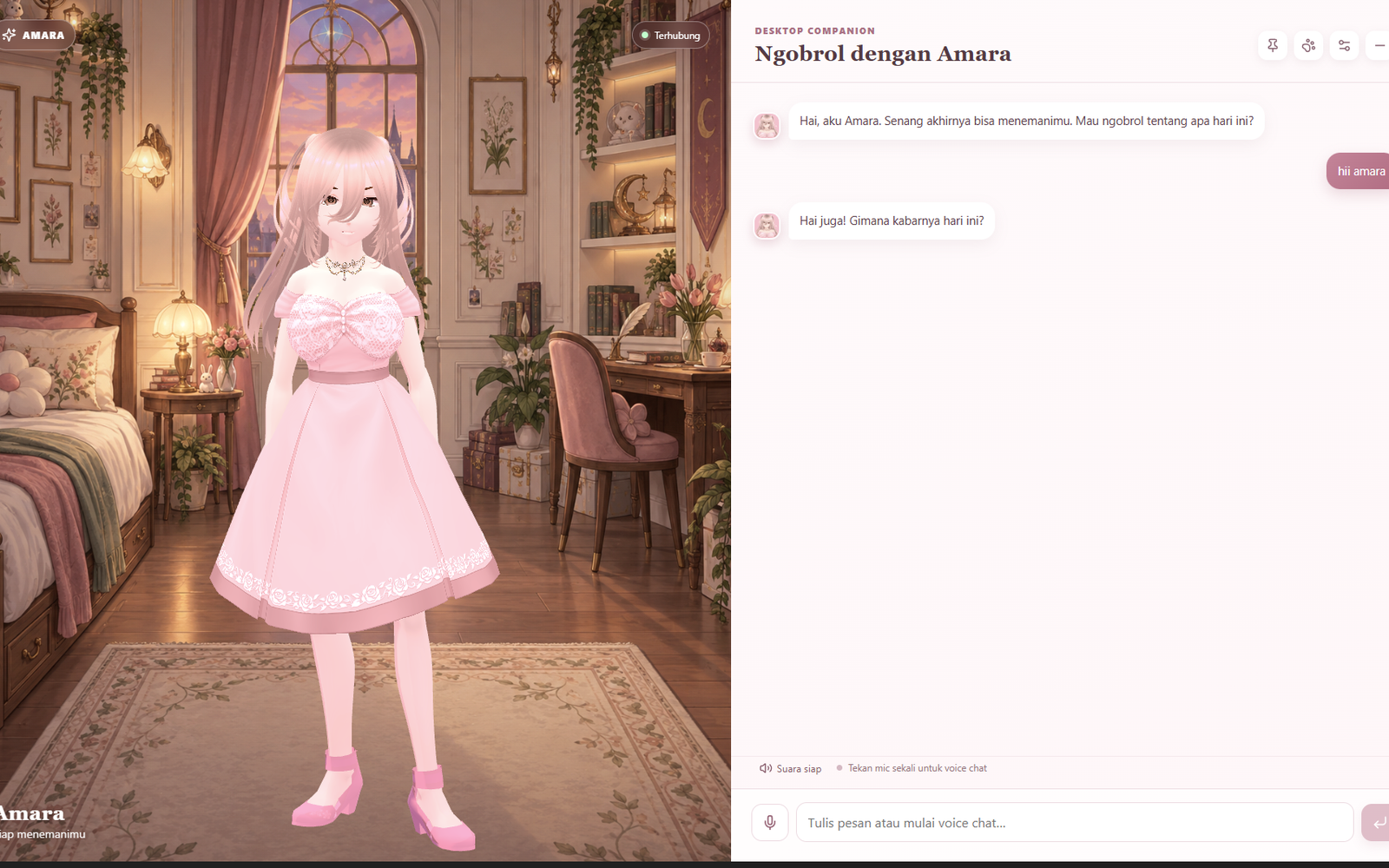 Aplikasi Amara AI Assistant menampilkan avatar 3D dan panel percakapan.